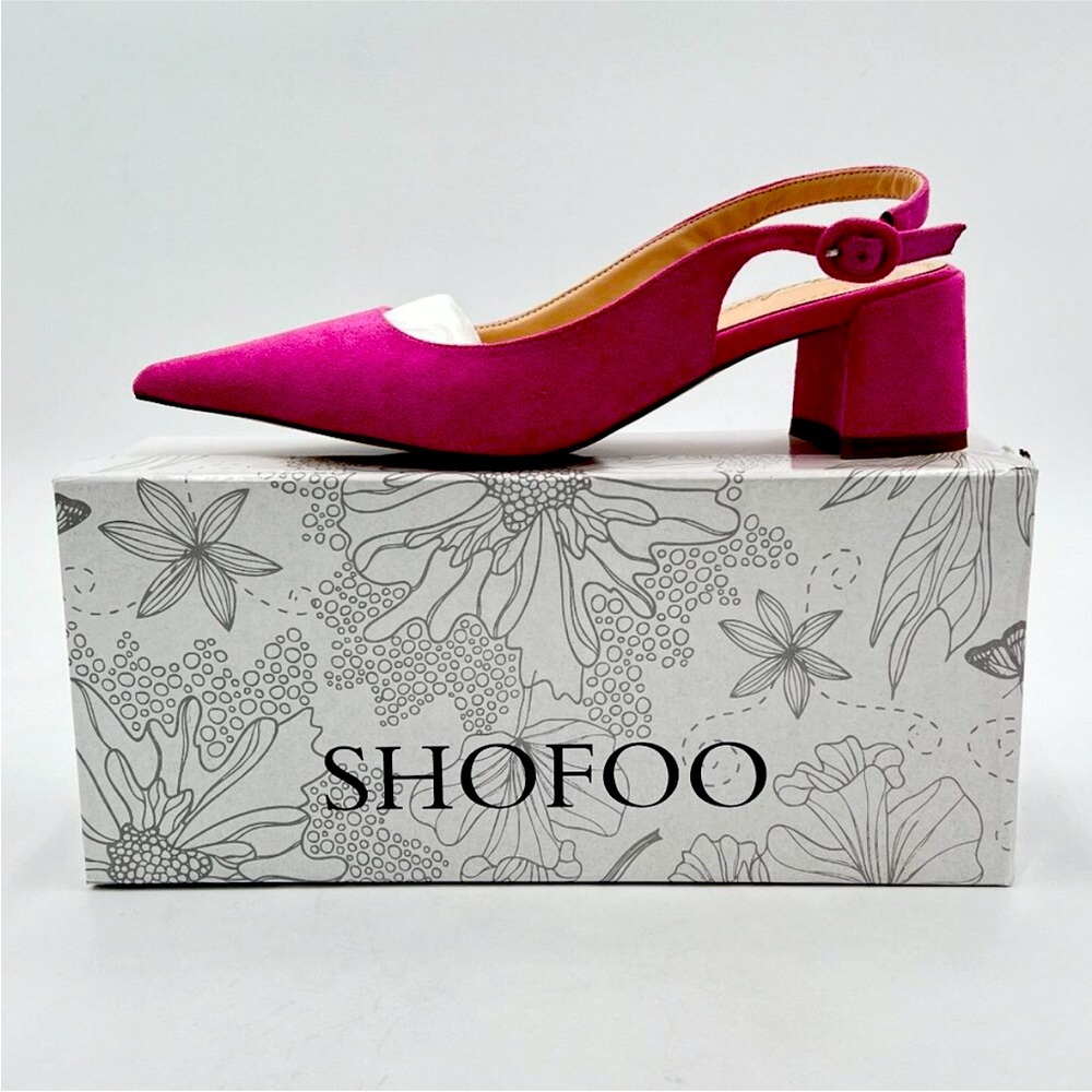 Pink Suede Retro Pointed Toe Slingback Sandals Comfortable Low Block Heel Pump